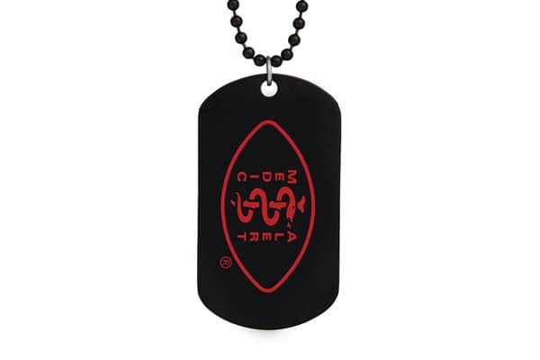 Black dog-tag with a red MedicAlert logo on a black ball chain.